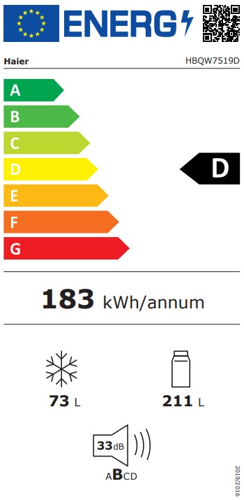 Haier HBQW7519D No Frost beépíthető alulfagyasztós kombinált hűtőszekrény, Wifi, 211/73L, 54x55x193.5 cm