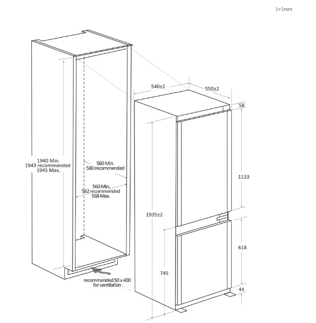 Haier HBW7519C No Frost beépíthető alulfagyasztós kombinált hűtőszekrény, 214/86L, Wifi, 54x55x193.5 cm