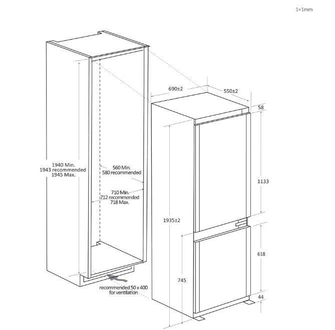 Haier HBW7719C No Frost beépíthető alulfagyasztós kombinált hűtőszekrény, 285/115L,Wifi, 69x55x193.5 cm