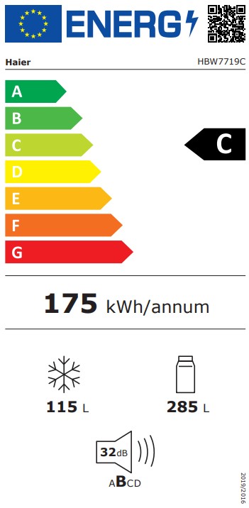 Haier HBW7719C No Frost beépíthető alulfagyasztós kombinált hűtőszekrény, 285/115L,Wifi, 69x55x193.5 cm