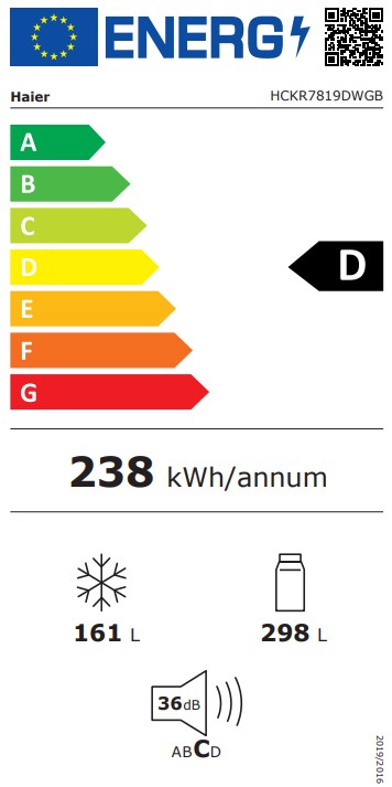 Haier HCKR7819DWGB No Frost side by side hűtőszekrény francia ajtós kialakítással, 298/161L, Wifi, 83x59.4x190 cm, fekete szín