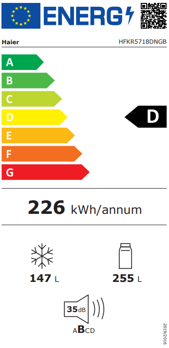 Haier HFKR5718DNGB Total No Frost side by side hűtőszekrény francia ajtós kialakítással, 255/147L, Wifi, 70x59.4x185 cm, fekete szín 