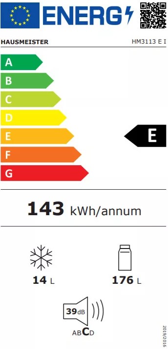Hausmeister HM 3113 E I egyajtós hűtőszekrény, 176/14L, inverter motor, 55x57x123.5 cm