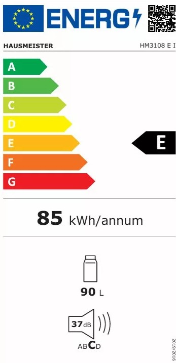 Hausmeister HM 3108 E I egyajtós hűtőszekrény, 90L, inverter motor, 47.5x44.5x85 cm