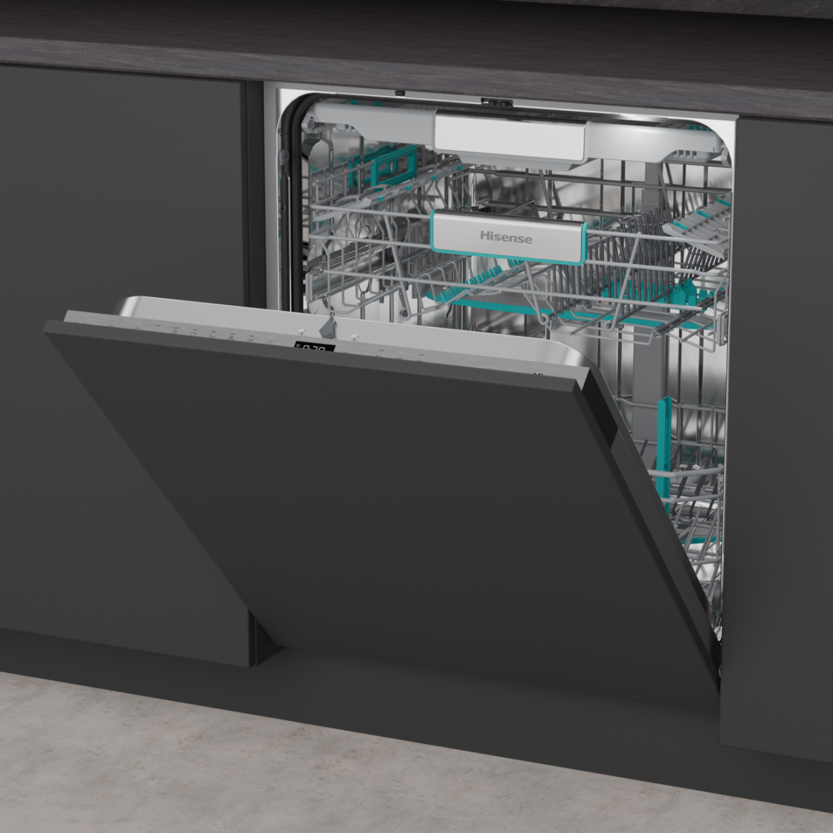 Hisense HV673A65 teljesen beépíthető mosogatógép, 16 teríték, Wifi, inverter motor, 3 kosár, automatikus ajtónyitás, 59.8x55.5x81.6 cm 