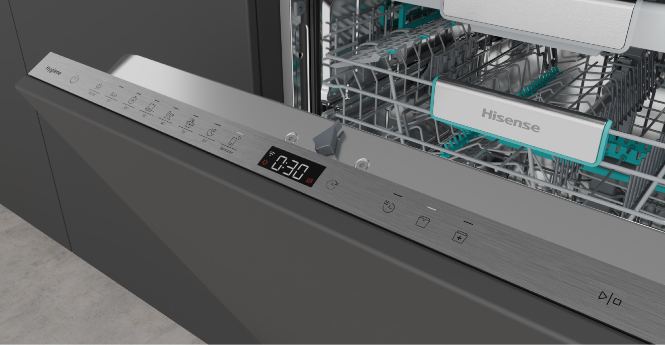 Hisense HV673A65 teljesen beépíthető mosogatógép, 16 teríték, Wifi, inverter motor, 3 kosár, automatikus ajtónyitás, 59.8x55.5x81.6 cm 