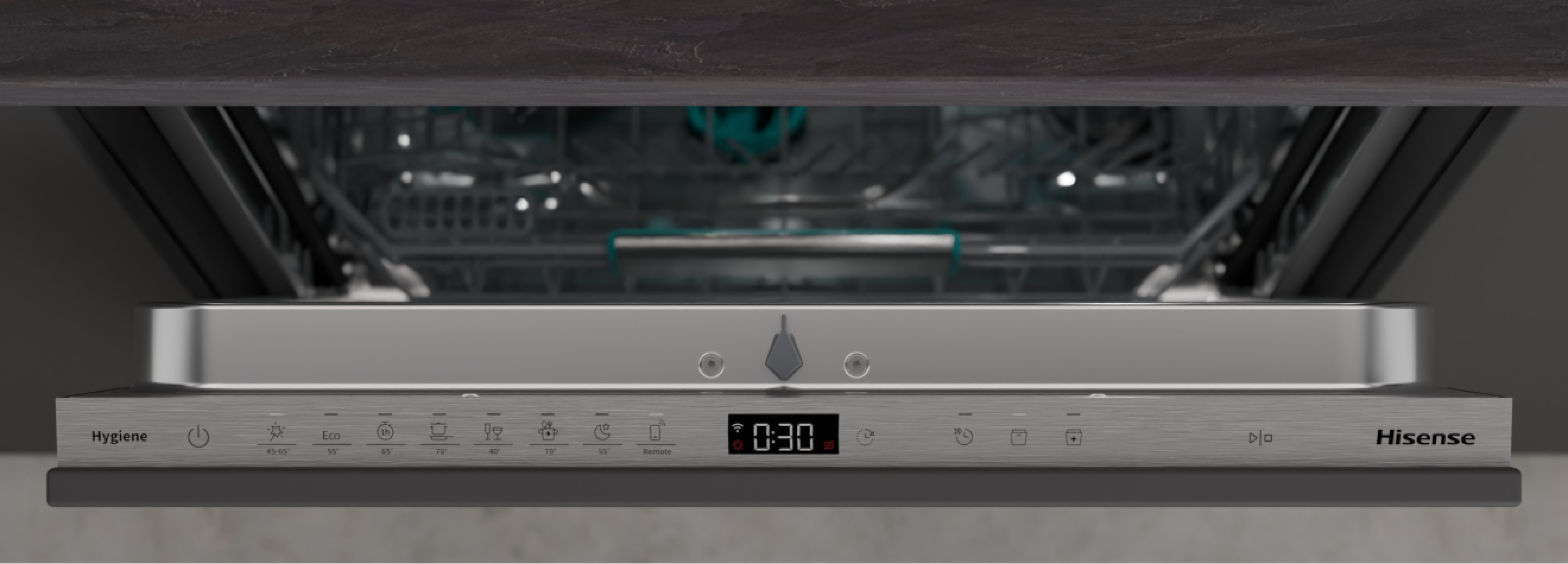 Hisense HV673A65 teljesen beépíthető mosogatógép, 16 teríték, Wifi, inverter motor, 3 kosár, automatikus ajtónyitás, 59.8x55.5x81.6 cm 