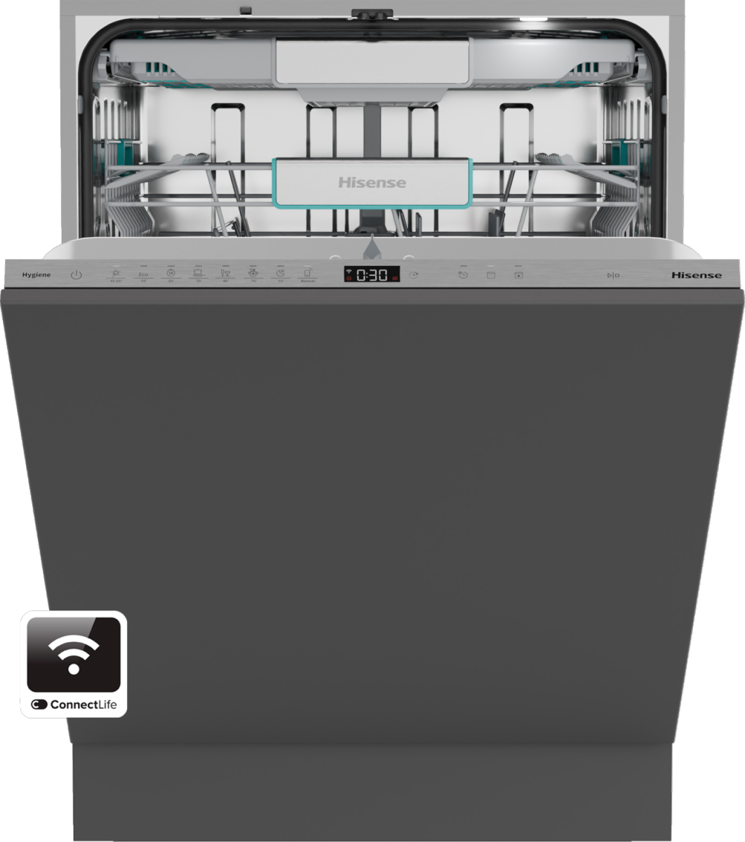 Hisense HV673A65 teljesen beépíthető mosogatógép, 16 teríték, Wifi, inverter motor, 3 kosár, automatikus ajtónyitás, 59.8x55.5x81.6 cm 