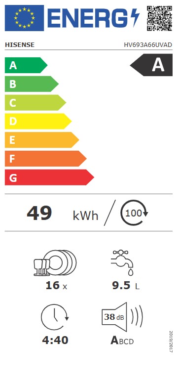 Hisense HV693A66UVAD teljesen beépíthető mosogatógép, 16 teríték, Wifi, inverter motor, 3 kosár, automatikus ajtónyitás, 59.8x55.5x81.6 cm 