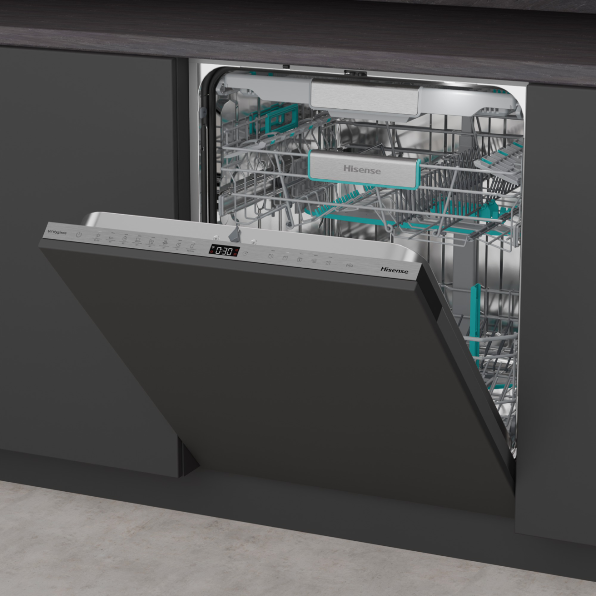 Hisense HV693A66UVAD teljesen beépíthető mosogatógép, 16 teríték, Wifi, inverter motor, 3 kosár, automatikus ajtónyitás, 59.8x55.5x81.6 cm 
