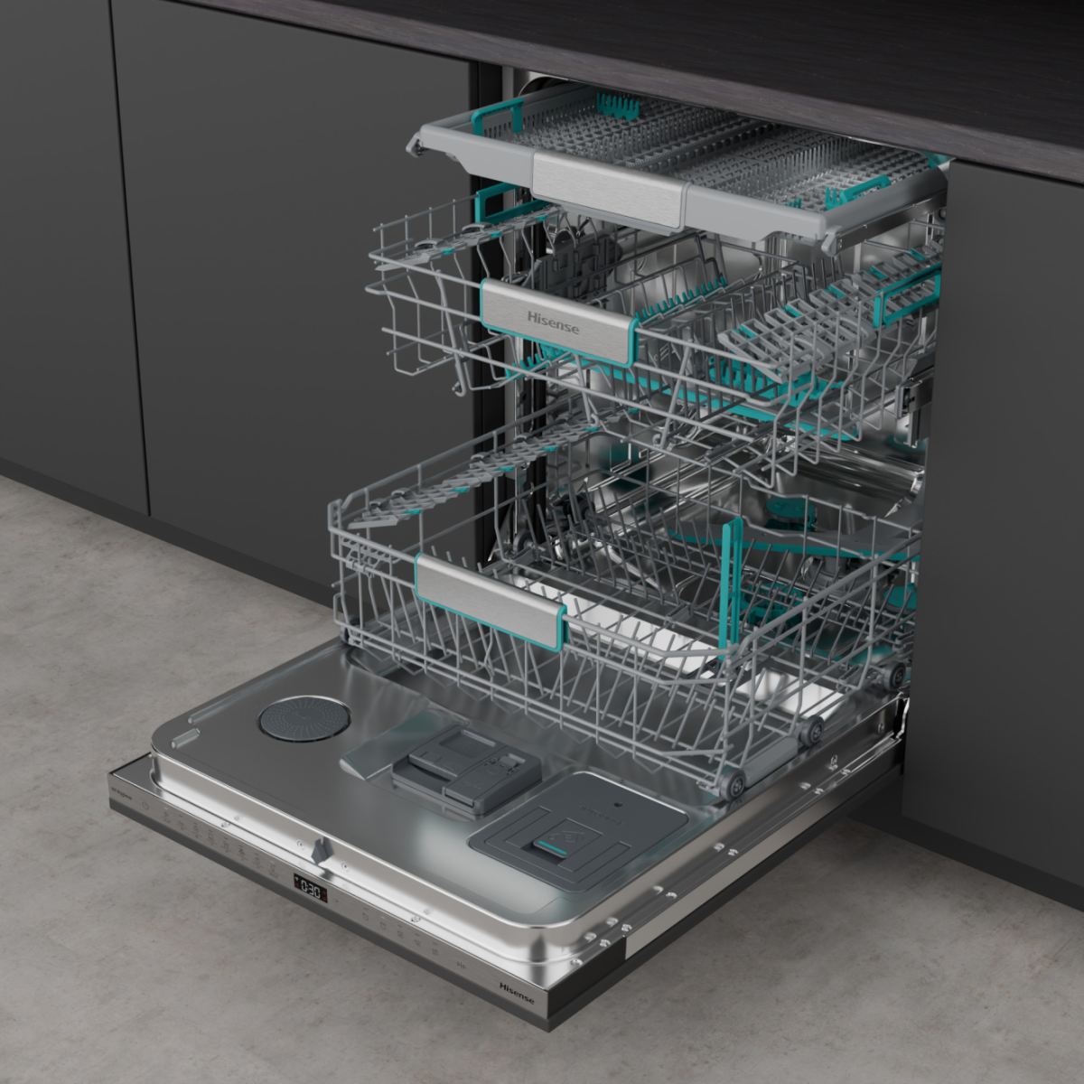 Hisense HV693A66UVAD teljesen beépíthető mosogatógép, 16 teríték, Wifi, inverter motor, 3 kosár, automatikus ajtónyitás, 59.8x55.5x81.6 cm 
