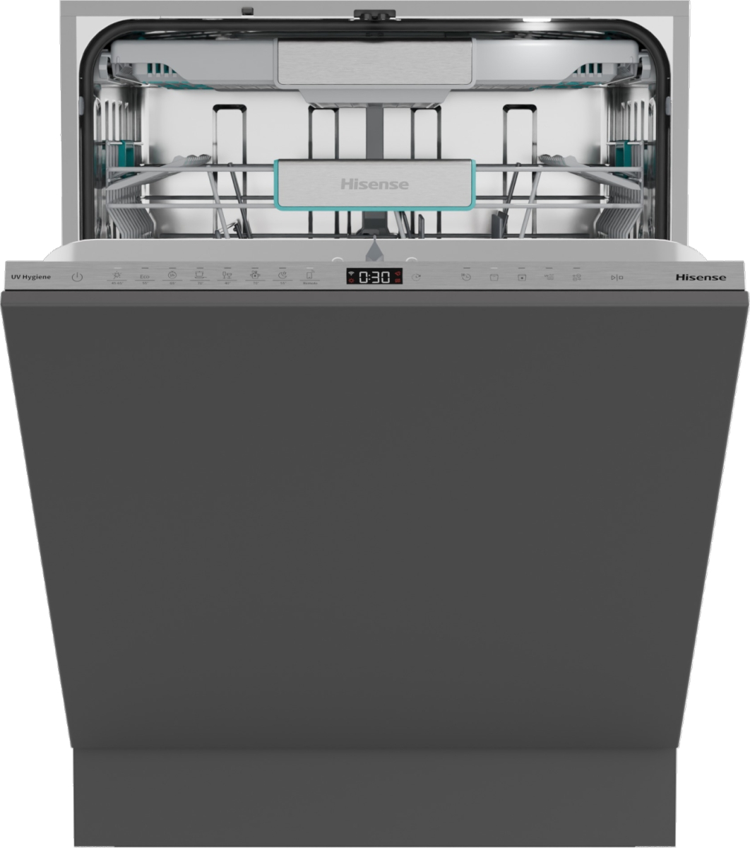 Hisense HV693A66UVAD teljesen beépíthető mosogatógép, 16 teríték, Wifi, inverter motor, 3 kosár, automatikus ajtónyitás, 59.8x55.5x81.6 cm 