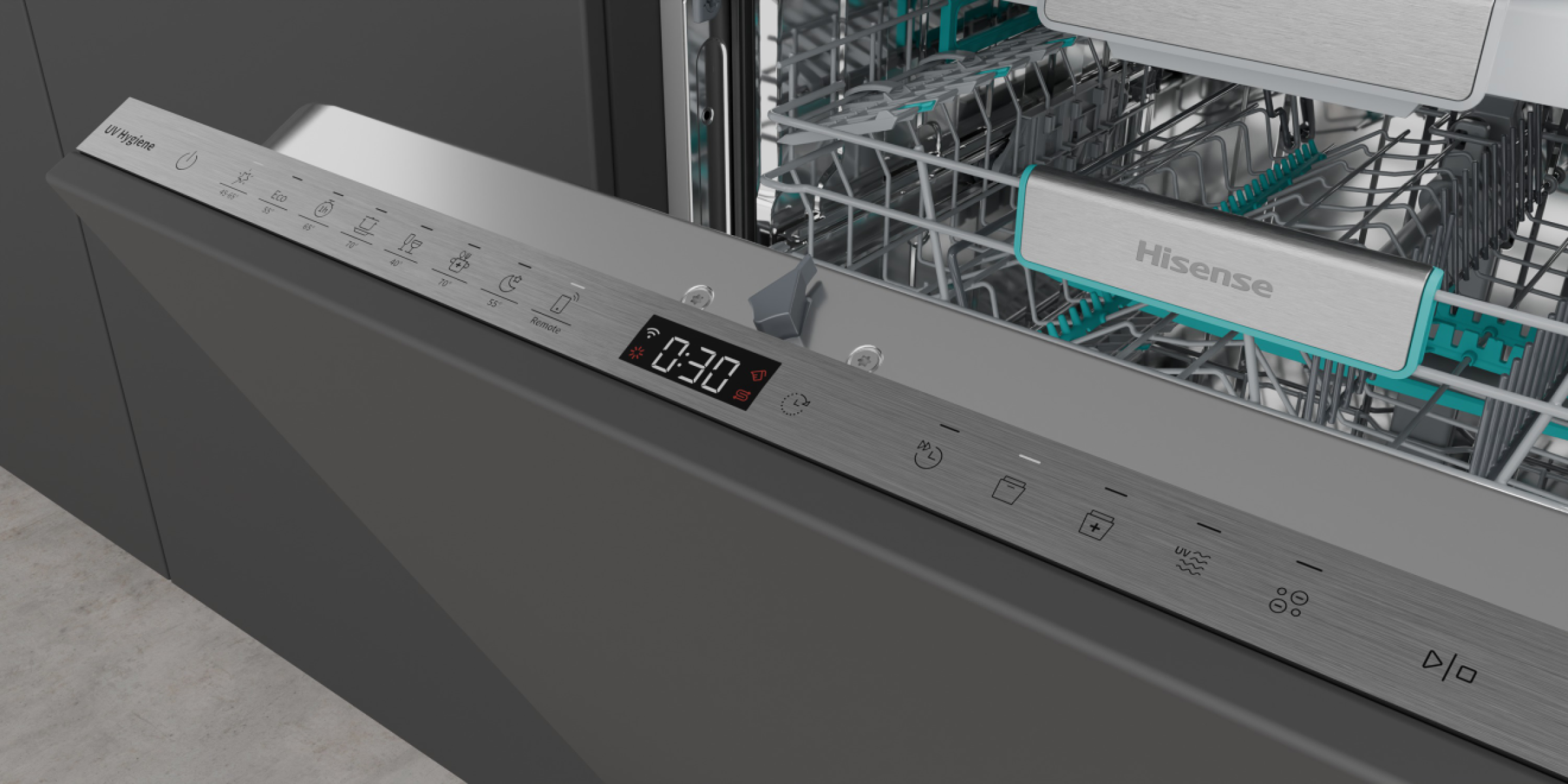 Hisense HV693A66UVAD teljesen beépíthető mosogatógép, 16 teríték, Wifi, inverter motor, 3 kosár, automatikus ajtónyitás, 59.8x55.5x81.6 cm 