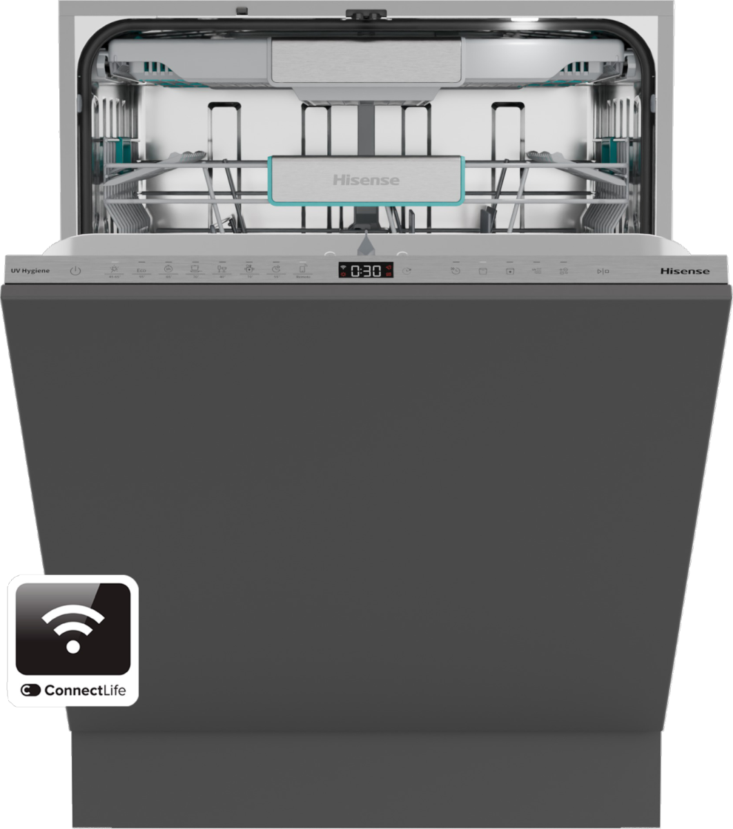 Hisense HV693A66UVAD teljesen beépíthető mosogatógép, 16 teríték, Wifi, inverter motor, 3 kosár, automatikus ajtónyitás, 59.8x55.5x81.6 cm 