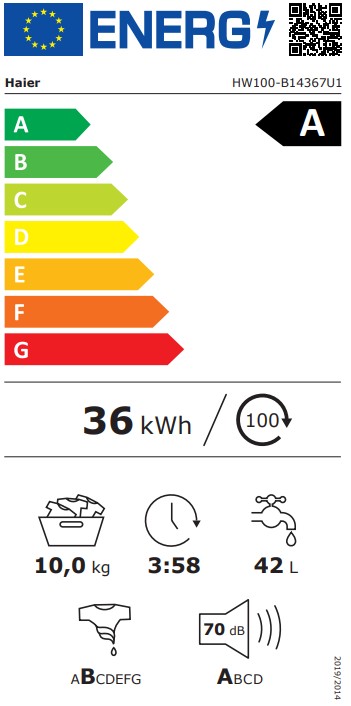 Haier HW100-B14367U1 elöltöltős mosógép, 10 kg, Wifi, gőz, inverter motor, 59.5x59.8x85 cm