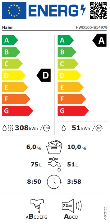 Haier HWD100-B14979U-S mosó-szárítógép, 10/6 kg, gőz, Wifi, inverter motor, 59.5x61.7x85 cm