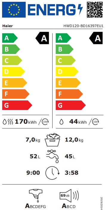 Haier HWD120BD16397EUS mosó-szárítógép, 12/7 kg, gőz, Wifi, inverter motor, 59.5x66.1x85 cm