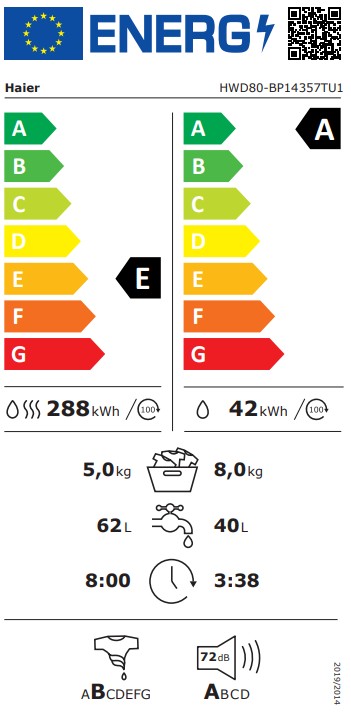 Haier HWD80-BP14357TU1 mosó-szárítógép, 8/5 kg, inverter motor, gőz, Wifi, 59.5x50.7x85 cm