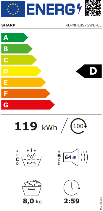 Sharp KD-NHL8S7GWD-EE hőszivattyús szárítógép, 8kg, 59.6x56.3x84.5 cm