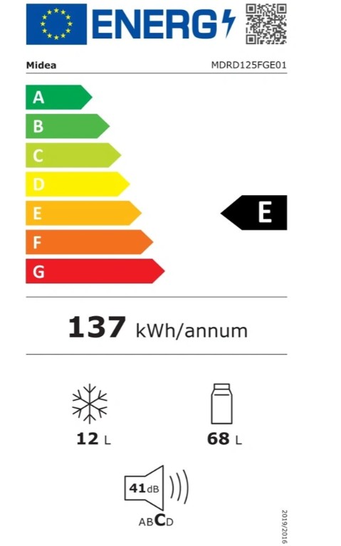 Midea MDRD125FGE01 egyajtós hűtőszekrény fagyasztóval, 68/12L, 47.5x44.5x84.5 cm