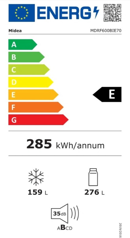 Midea MDRF600BIE70 No Frost side by side hűtőszekrény francia ajtós kialakítással, 276/159L, inverter kompresszor, 73.5x60x191 cm, sötét inox szín 