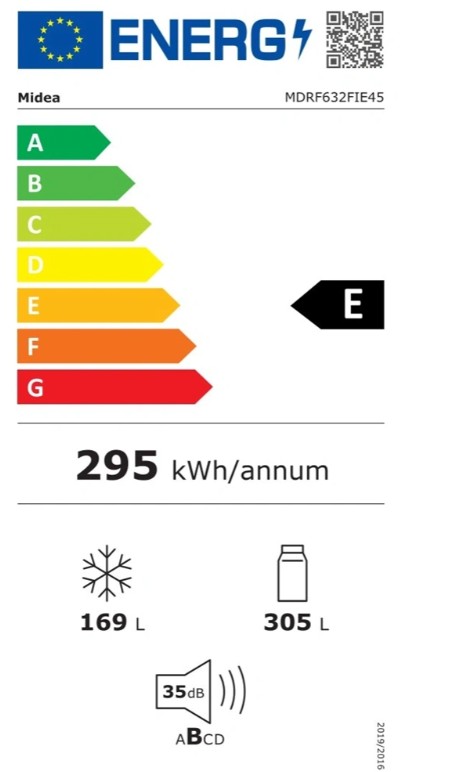 Midea MDRF632FIE45 side by side hűtőszekrény francia ajtós kialakítással, inverter kompresszor, 305/169L, 83.3x65.3x177.5 cm, sötét inox szín 