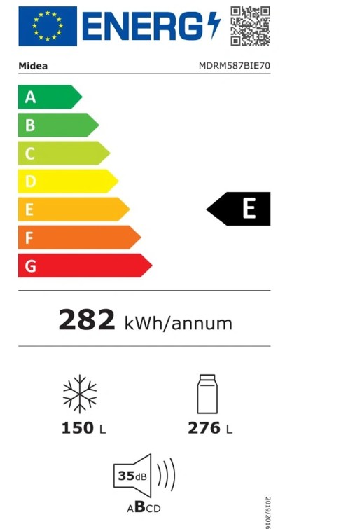 Midea MDRM587BIE70 No Frost side by side hűtőszekrény francia ajtós kialakítással, inverter motor, 276/150L, 75.3x60x191 cm, sötét inox szín 
