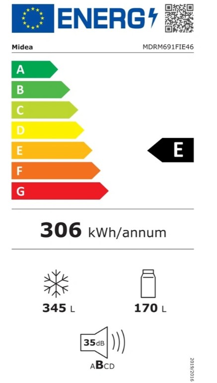 Midea MDRM691FIE46 No Frost side by side hűtőszekrény francia ajtós kialakítással, 345/170L, inverter motor, 83.3x65.3x189.8 cm, inox szín 