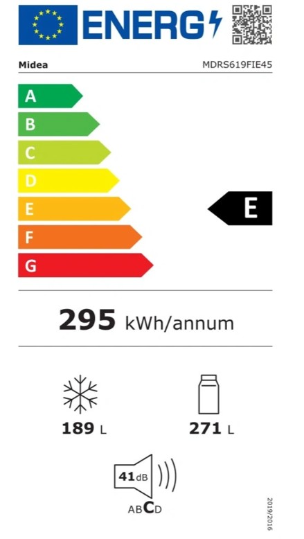 Midea MDRS619FIE45 No Frost side by side hűtőszekrény, 271/189L, inverter motor, 83.5x63.5x177.5 cm, sötét inox szín 