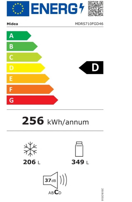 Midea MDRS710FGD46 No Frost side by side hűtőszekrény, 349/206L, inverter kompresszor, 89.7x70.1x176.5 cm, inox szín 