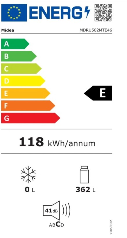 Midea MDRU502MTE46 No Frost egyajtós hűtőszekrény, 362L, 59.5x61.8x185 cm, inox szín 