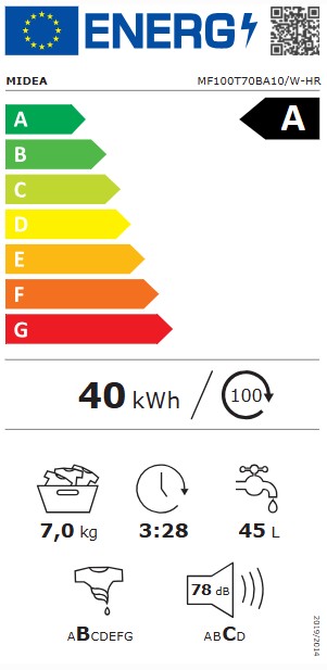 Midea MF100T70BA10/W-HR felültöltős mosógép, 7 kg, inverter motor, 40x61x87.5 cm