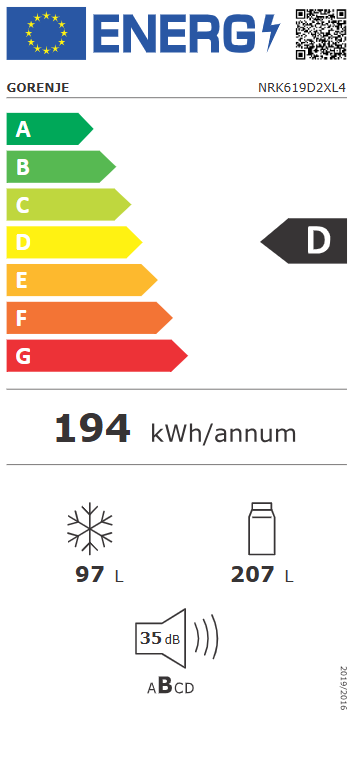 Gorenje NRK619D2XL4 No Frost Plus alulfagyasztós kombinált hűtőszekrény, 207/97L, inverter kompresszor, 59.5x59x186 cm, inox szín 