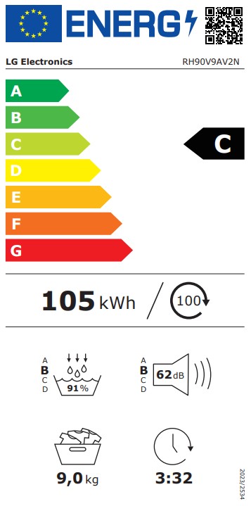 LG RH90V9AV2N hőszivattyús szárítógép, 9 kg, Wifi, inverter motor, 60x66x85 cm
