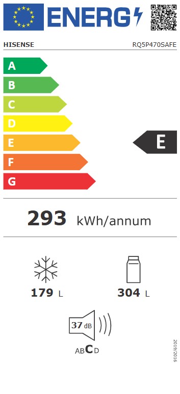 Hisense RQ5P470SAFE Total No Frost side by side hűtőszekrény francia ajtós kialakítással, Wifi, 304/179L, inverter kompresszor, 79.4x69.8x178.5 cm, fekete szín