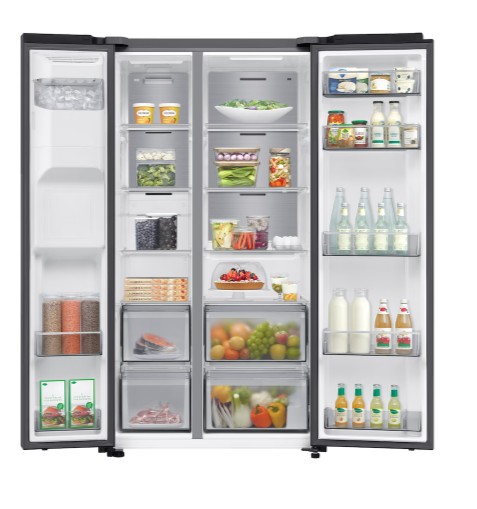 Samsung RS70F64KEFEO side by side hűtőszekrény, 420/220L, AI inverteres kompresszor, Wifi, 91.2x72.6x178.4 cm, fekete DOI szín 