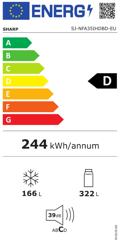Sharp SJ-NFA35IHDBD-EU No Frost side by side hűtőszekrény francia ajtós kialakítással, 322/166L, inverter kompreszor, 84x69x179 cm, fekete szín 
