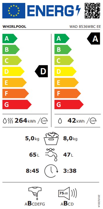 Whirlpool WAD 8536 WBC EE mosó-szárítógép, 8/5 kg, Wifi, gőz, inverter motor, 60x57x84.5 cm