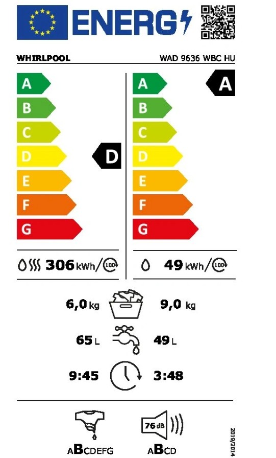 Whirlpool WAD 9636 WBC HU mosó-szárítógép, 9/6 kg, inverter motor, gőz, Wifi, 60x57x84.5 cm, antracitszürke szín