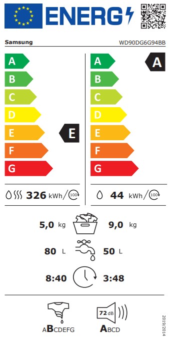 Samsung WD90DG6G94BBU4 mosó-szárítógép, 9/5 kg, inverter motor, gőz, Wifi, 60x49x85 cm, fekete szín