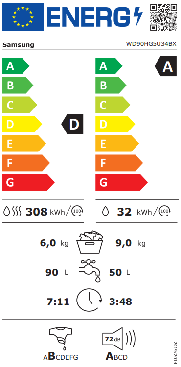 Samsung WD90HG5U34BXLE mosó-szárítógép, 9/6 kg, Wifi, inverter motor, gőz, 60x64.5x85 cm, csiszolt inox szín 