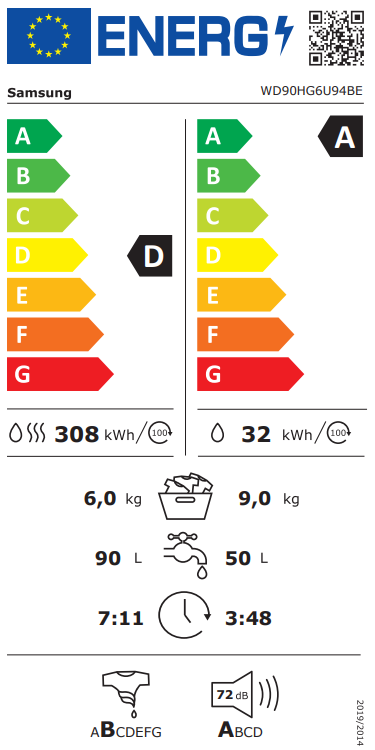 Samsung WD90HG6U94BEU4 mosó-szárítógép, 9/6 kg, gőz, inverter motor, Wifi, 60x64.5x85 cm