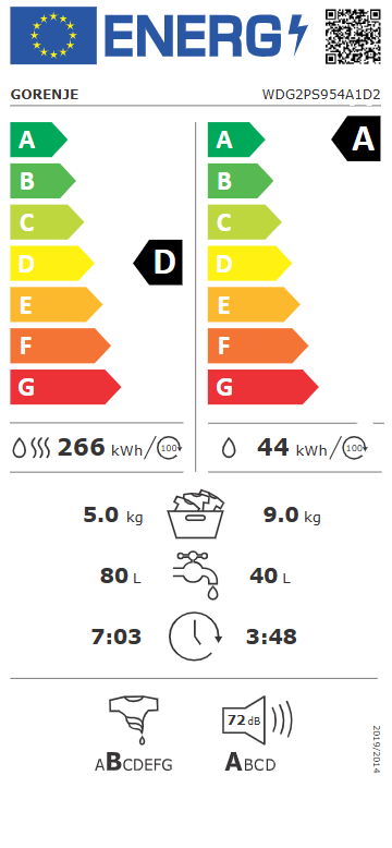Gorenje WDG2PS954A1D2 mosó-szárítógép, 9/5 kg, inverter motor, 59.5x47x84.5 cm