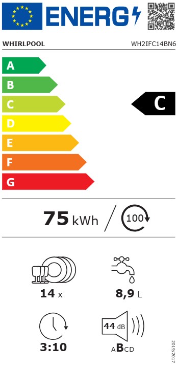 Whirlpool WH2IFC14BN6 teljesen beépíthető mosogatógép, 14 teríték, 3 kosár, automatikus ajtónyitás, 59.8x55.5x82 cm