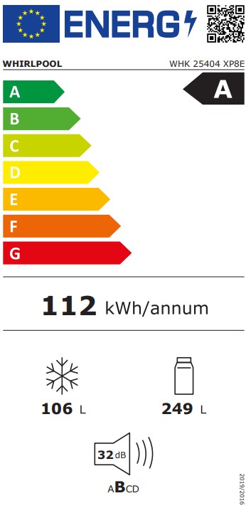 Whirlpool WHK 25404 XP8E Total No Frost alulfagyasztós kombinált hűtőszekrény, 249/106L, Zen Inverter kompresszor, 59.5x66.3x203.5 cm, új ezüst szín