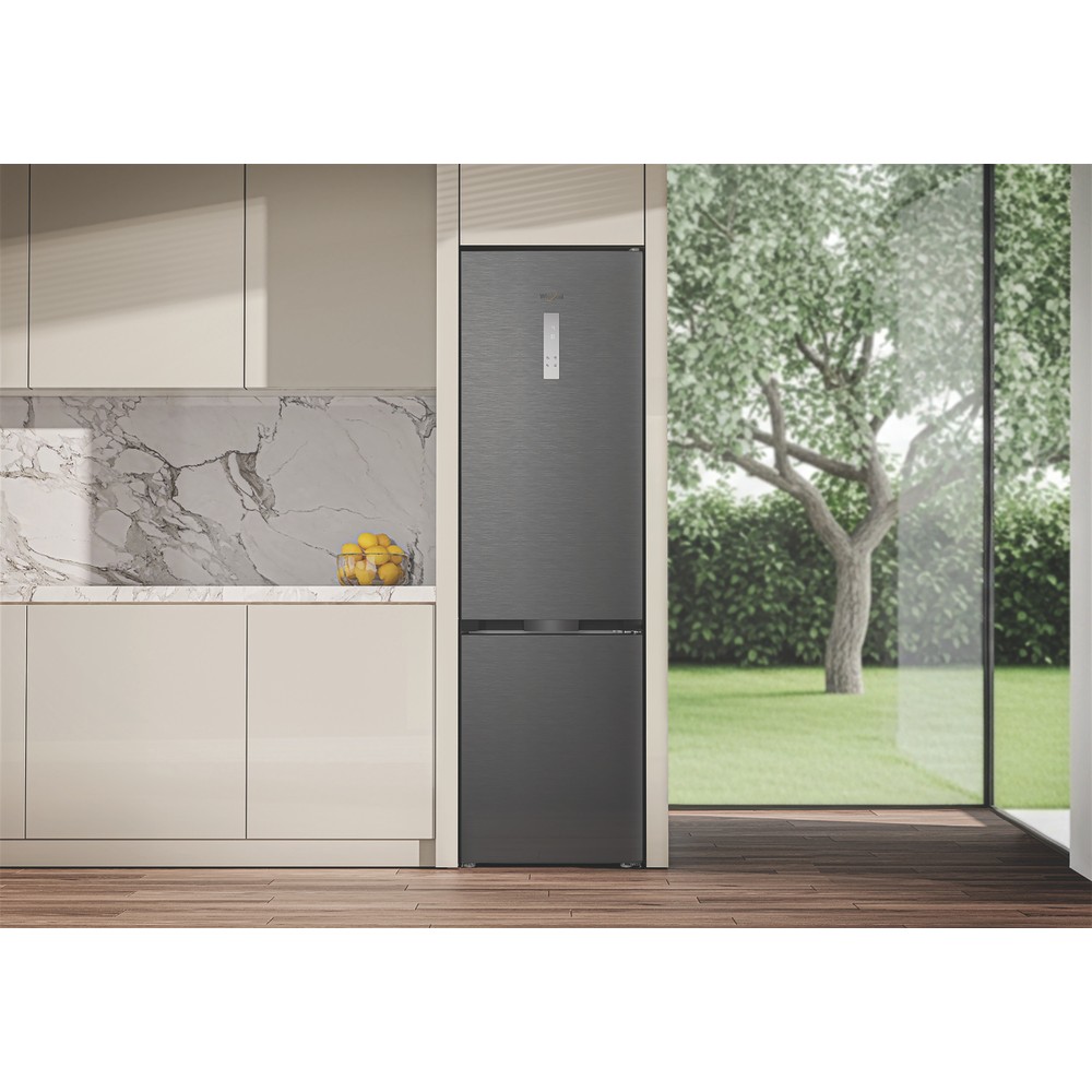 Whirlpool WHK 26413 XBR6EA1 Total No Frost alulfagyasztós kombinált hűtőszekrény, 297/118L, Zen Inverter Kompresszor, 59.5x67.3x203.5 cm, sötét inox szín 