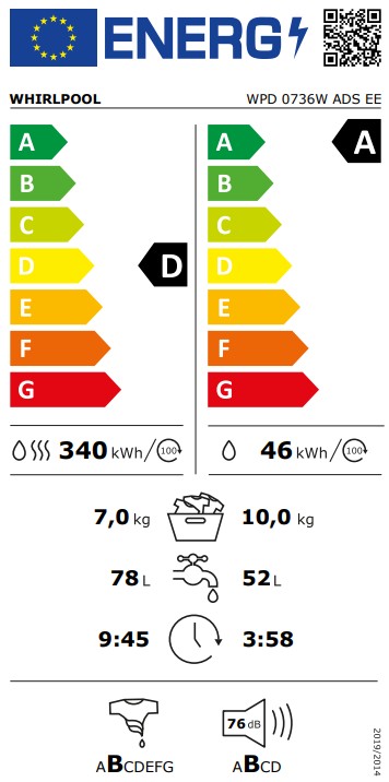 Whirlpool WPD 0736W ADS EE mosó-szárítógép, 10/7kg, 60x60x84.5 cm