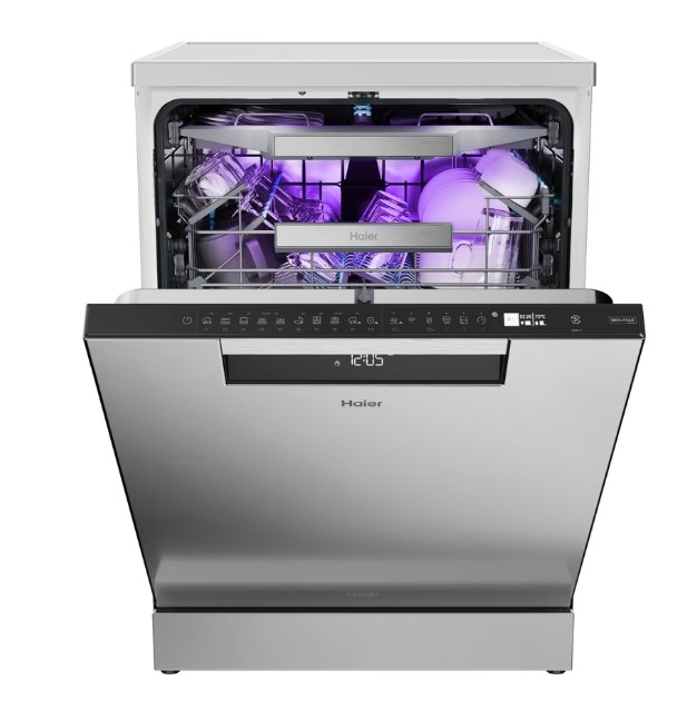 Haier XF 4A4M4BX mosogatógép, 14 teríték, Bio Led fertőtlenítő fénnyel, 3 kosár, Wifi, automatikus ajtónyitás, inverter motor, 59.7x59.8x85 cm, inox szín 