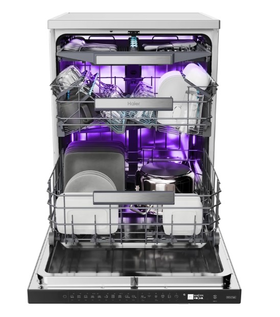 Haier XF 4A4M4BX mosogatógép, 14 teríték, Bio Led fertőtlenítő fénnyel, 3 kosár, Wifi, automatikus ajtónyitás, inverter motor, 59.7x59.8x85 cm, inox szín 
