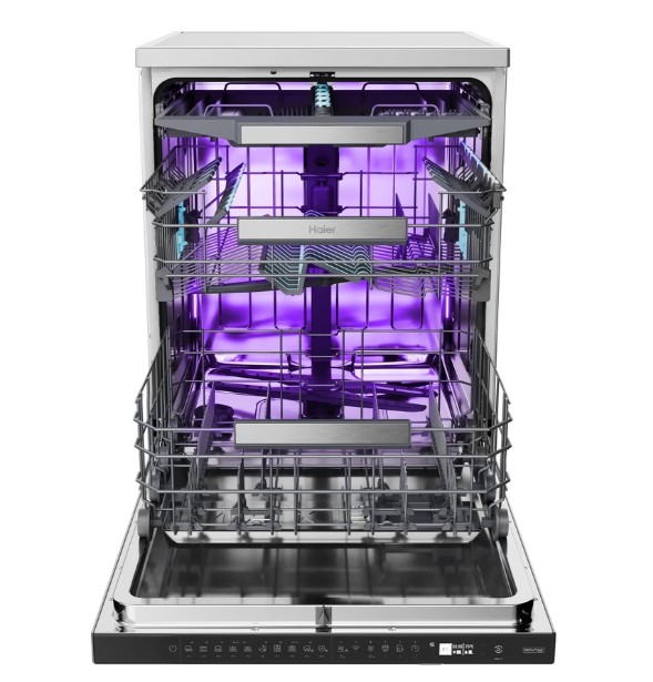 Haier XF 4A4M4BX mosogatógép, 14 teríték, Bio Led fertőtlenítő fénnyel, 3 kosár, Wifi, automatikus ajtónyitás, inverter motor, 59.7x59.8x85 cm, inox szín 